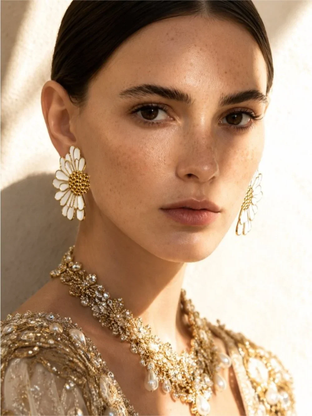 White and Gold Daisy Statement Earrings